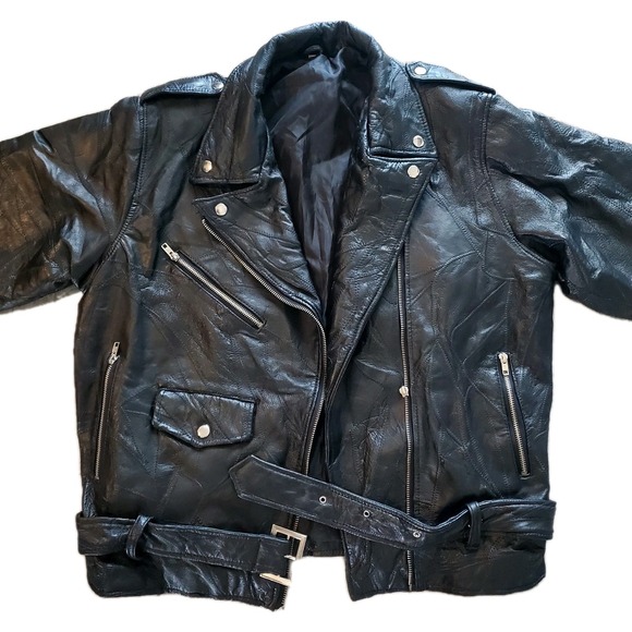 VTG Diamond Plate Black Buffalo Leather Motorcycle Jacket USA Eagle Mens Large - Picture 3 of 16